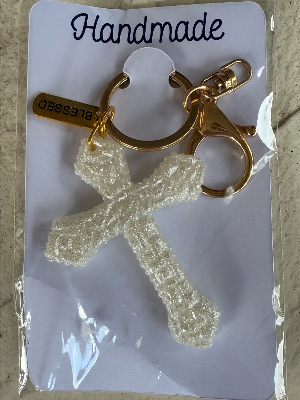 Handmade Gold Key & Card Holder with Pearl colored acrylic Cross Charm